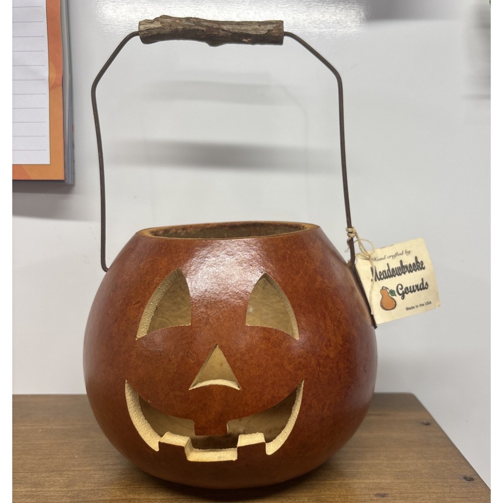 Meadowbrooke Gourds Halloween Jack-o-Lantern Decor Handcrafted with Handle NWT